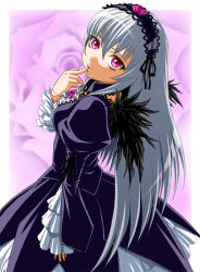 Rule 34 | 00s, 1girl, detached collar, doll joints, dress, finger to mouth, flower, frills, from above, headdress, ichikawa masahiro, joints, long hair, looking back, purple eyes, rose, rozen maiden, silver hair, solo, suigintou, wings