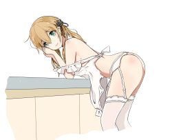 Rule 34 | 1girl, apron, ass, bent over, blonde hair, breasts, cropped legs, dabaizhao, garter straps, green eyes, hair between eyes, hair ornament, highres, kantai collection, long hair, medium breasts, naked apron, off shoulder, open mouth, panties, prinz eugen (kancolle), sideboob, solo, thighhighs, twintails, underwear, white apron, white background, white panties, white thighhighs