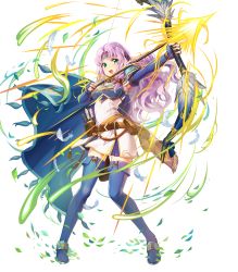 Rule 34 | 1girl, aqua eyes, armor, arrow (projectile), belt, blue cape, blue footwear, blue gloves, boots, bow (weapon), breastplate, cape, chachie, dress, elbow gloves, feathers, fingerless gloves, fire emblem, fire emblem: the blazing blade, fire emblem heroes, florina (fire emblem), full body, gloves, hair ornament, headband, highres, holding, holding bow (weapon), holding weapon, leaf, long hair, looking at viewer, looking away, nintendo, non-web source, official art, open mouth, purple hair, quiver, short dress, short sleeves, shoulder armor, skirt, smile, solo, standing, thigh boots, thighhighs, transparent background, weapon, white dress, wind, zettai ryouiki
