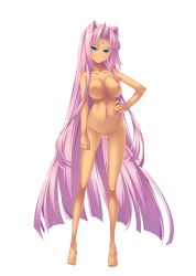 Rule 34 | 1girl, absurdres, barefoot, blue eyes, blush, breasts, completely nude, facial mark, forehead mark, full body, game cg, hair over shoulder, highres, hikage eiji, koihime musou, large breasts, long hair, nipples, no pussy, nude, official art, pink hair, shin koihime musou, smile, solo, sonken, transparent background
