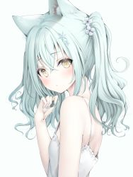 Rule 34 | 1girl, animal ear fluff, animal ears, bad id, bad pixiv id, bare arms, bare shoulders, blue background, blue hair, blue nails, blush, brown eyes, dress, flower, frilled dress, frills, from side, hair between eyes, hair flower, hair ornament, hand up, highres, looking at viewer, looking to the side, murano, nail polish, original, simple background, sleeveless, sleeveless dress, snowflake hair ornament, solo, twintails, upper body, white dress, white flower