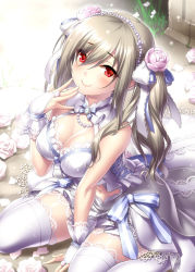 Rule 34 | 1girl, babydoll, bare shoulders, blush, breasts, bridal gauntlets, brooch, cleavage, closed mouth, flower, hair between eyes, hair flower, hair ornament, hair ribbon, highres, idolmaster, idolmaster cinderella girls, idolmaster cinderella girls starlight stage, jewelry, kanzaki ranko, lace, lace-trimmed legwear, lace-trimmed panties, lace trim, large breasts, long hair, looking at viewer, navel, necklace, panties, pearl necklace, petals, red eyes, ribbon, rose, sidelocks, silver hair, sitting, smile, solo, thighhighs, thighs, twintails, underwear, wariza, white flower, white ribbon, white rose, white thighhighs, zen