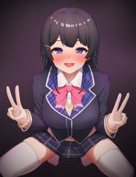Rule 34 | 1girl, black hair, blazer, blue eyes, blush, bow, bowtie, double v, gradient background, hair ornament, hairclip, highres, jacket, long hair, long sleeves, looking at viewer, nijisanji, no shoes, open mouth, purple eyes, school uniform, shirt, skirt, smile, solo, squatting, thighhighs, tsukino mito, tsukino mito (1st costume), v, virtual youtuber, white thighhighs