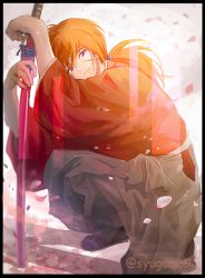 Rule 34 | 1boy, blue eyes, cherry blossoms, closed mouth, crossed arms, facial scar, grey hakama, hakama, hakama pants, himura kenshin, holding, holding sword, holding weapon, japanese clothes, kimono, kuo tasuku, long hair, looking at viewer, low ponytail, male focus, on one knee, orange hair, pants, red kimono, rurouni kenshin, scar, scar on cheek, scar on face, sheath, sheathed, smile, solo, sword, weapon