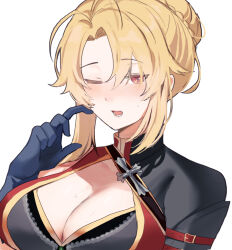 Rule 34 | 1girl, angelica rapha redgrave, black dress, blonde hair, blue gloves, blush, braid, breasts, cleavage, commentary request, commission, dress, embarrassed, french braid, gloves, hair bun, hand up, highres, indoors, large breasts, looking at viewer, one eye closed, open mouth, otome game sekai wa mob ni kibishii sekai desu, pixiv commission, portrait, red eyes, sarukana, simple background, single hair bun, solo, sweatdrop, white background