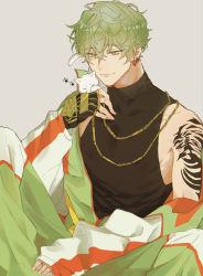 Rule 34 | 1boy, absurdres, animal, black shirt, butchi, cat, earrings, green eyes, green hair, grey background, highres, holding, holding animal, jacket, jewelry, long sleeves, looking down, looking to the side, male focus, masaki hokusai, paradox live, shirt, short hair, sleeveless, sleeveless shirt, smile, solo, tattoo