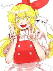 Rule 34 | 1boy, 1girl, animal, animal on shoulder, apron, back bow, blonde hair, blush, bow, buttons, cat, cat on shoulder, commentary request, curly hair, double v, ellen (touhou), highres, kuya (hey36253625), long hair, open mouth, puffy short sleeves, puffy sleeves, red bow, red vest, shirt, short sleeves, simple background, sketch, sokrates (touhou), teeth, touhou, touhou (pc-98), upper body, upper teeth only, v, very long hair, vest, waist apron, white apron, white background, white bow, white cat, white shirt, yellow eyes