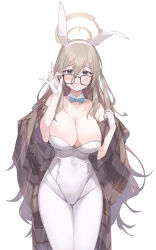 Rule 34 | 1girl, absurdres, akane (blue archive), akane (bunny) (blue archive), amana (pocketkey), animal ears, bare shoulders, black-framed eyewear, blue archive, blue bow, blue bowtie, bow, bowtie, breasts, brown eyes, brown hair, cleavage, closed mouth, commentary request, detached collar, fake animal ears, glasses, gloves, hair between eyes, halo, highres, large breasts, leotard, long hair, looking at viewer, official alternate costume, pantyhose, playboy bunny, rabbit ears, smile, solo, white gloves, white leotard, white pantyhose