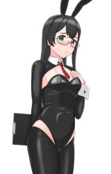 Rule 34 | 1girl, alternate costume, animal ears, black hair, black leotard, breasts, clipboard, cowboy shot, detached collar, embarrassed, geometrie, glasses, green eyes, highres, kantai collection, leotard, long hair, looking at viewer, meme attire, necktie, ooyodo (kancolle), playboy bunny, rabbit ears, red necktie, small breasts, solo, strap, strapless, strapless leotard, wrist cuffs