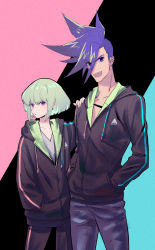 Rule 34 | 2boys, androgynous, asymmetrical hair, black hoodie, blue eyes, blue hair, eyes visible through hair, galo thymos, green hair, hand on another&#039;s shoulder, hands in pockets, highres, hood, hoodie, lio fotia, looking at viewer, male focus, mohawk, multiple boys, open mouth, promare, purple eyes, rice (rice8p), short hair, sidecut, sidelocks, smile, undercut, zipper