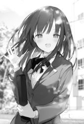 Rule 34 | 1girl, absurdres, blunt bangs, blurry, blurry background, blush, collared shirt, falling petals, fujiyama, greyscale, half-closed eyes, highres, holding, long hair, long sleeves, looking at viewer, monochrome, neck ribbon, open mouth, original, outdoors, petals, ribbon, school uniform, shirt, sidelocks, smile, solo, tied shirt, upper body