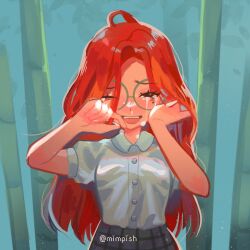 Rule 34 | 1girl, black eyes, breasts, commentary, crying, english commentary, glasses, half-closed eye, long hair, mimpish, ming lee, ming lee (young), mole, mole under eye, one eye closed, plaid, plaid skirt, red hair, round eyewear, school uniform, skirt, small breasts, solo, streaming tears, tears, turning red, twitter username, upper body