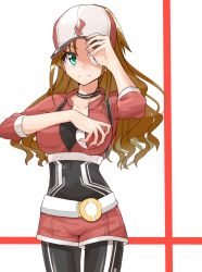 Rule 34 | 1girl, baseball cap, belt, belt buckle, bodysuit, breasts, breasts apart, brown hair, buckle, choker, closed mouth, collar, cosplay, cowboy shot, creatures (company), cropped jacket, emblem, female protagonist (pokemon go), female protagonist (pokemon go) (cosplay), game freak, green eyes, hand up, hat, hat tip, highres, hino akane (idolmaster), holding, holding poke ball, idolmaster, idolmaster cinderella girls, jacket, large breasts, light smile, long hair, long sleeves, looking at viewer, nintendo, parted bangs, poke ball, pokemon, pokemon go, ponytail, red jacket, red shorts, short shorts, shorts, shunichi, smile, solo, standing, wavy hair, white background