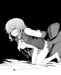 Rule 34 | 1boy, 1girl, arms behind back, ass, ass grab, bad id, bad pixiv id, barefoot, bent over, black background, blush, bottomless, breasts, clenched teeth, crying, doggystyle, greyscale, hand on own ass, hetero, kazami yuuka, lefthand, monochrome, nipples, no bra, one eye closed, open clothes, open shirt, pussy juice, sex, sex from behind, shirt, short hair, solo focus, sweat, sweatdrop, tears, teeth, touhou, vaginal, vest, wince, wink
