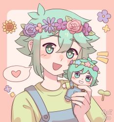 Rule 34 | 1boy, absurdres, aoiro arts, basil (headspace) (omori), basil (omori), blue overalls, blush, character doll, flower, green eyes, green hair, green shirt, head wreath, heart, highres, holding, holding stuffed toy, looking at viewer, omori, open mouth, overalls, shirt, short sleeves, smile, solo, speech bubble, spoken heart, stuffed toy