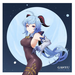 Rule 34 | ahoge, bare shoulders, bell, black gloves, blue hair, bodystocking, bow, bowtie, breasts, detached sleeves, dmt (auburn), ganyu (genshin impact), genshin impact, gloves, gold trim, highres, horns, large breasts, long hair, looking at viewer, neck bell, purple eyes, sideboob, solo, thighlet, very long hair, white sleeves