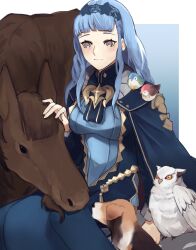 Rule 34 | 1girl, animal, animal on shoulder, bird, bird on shoulder, blue cape, blue dress, blue hair, blue hairband, blunt bangs, breasts, cape, closed mouth, dog, dress, feathers, fingernails, fire emblem, fire emblem: three houses, fire emblem warriors: three hopes, grey eyes, hairband, hand up, highres, horse, light blue hair, long sleeves, marianne von edmund, medium breasts, nintendo, official alternate hairstyle, owl, petting, purple cape, seinikuten, short bangs, sitting, smile, solo, two-tone cape