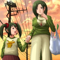 Rule 34 | 2girls, bag, cameo, gardevoir, gen 1 pokemon, gen 3 pokemon, green hair, groceries, holding hands, jewelry, kirlia, lowres, mature female, multiple girls, necklace, personification, pikachu, pokemoa, pokemon, power lines, ring, scrunchie, short hair, short twintails, smile, spring onion, sunset, twintails