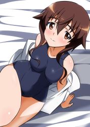Rule 34 | 1girl, bed sheet, blush, breasts, brown eyes, brown hair, highres, long hair, one-piece swimsuit, school swimsuit, sitting, smile, solo, strike witches, strike witches: kurenai no majo-tachi, swimsuit, takei junko, undressing, world witches series, yumekaranigeruna