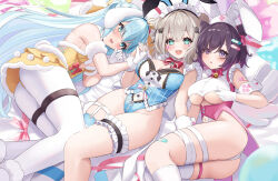 Rule 34 | + +, 3girls, animal ears, aqua eyes, armband, ass, azur lane, bandaged leg, bandages, bandaid, bandaid hair ornament, bandaid on arm, bandaid on leg, bare shoulders, bell, blue hair, blue leotard, breasts, cleavage, clothing cutout, club hair ornament, commentary request, double bun, dress, elegant (sumisumi4268), fake animal ears, gloves, hair bun, hair ornament, hair over one eye, hat, highres, holding hands, interlocked fingers, janus (azur lane), jervis (azur lane), large breasts, leotard, light brown hair, long hair, looking at viewer, lying, maid headdress, manchester (azur lane), multiple girls, navel, navel cutout, neck bell, neck ribbon, nurse cap, on back, on stomach, open mouth, pantyhose, playboy bunny, purple eyes, purple hair, rabbit ears, red ribbon, ribbon, short hair, smile, spade hair ornament, swept bangs, tailcoat playboy bunny, bridal garter, thigh strap, thighs, underboob cutout, very long hair, white dress, white gloves, white pantyhose