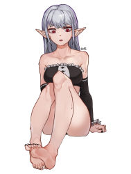 Rule 34 | 1girl, bad id, bad pixiv id, bandeau, bare legs, bare shoulders, barefoot, black nails, black sleeves, boridongja, collarbone, detached sleeves, dungeon and fighter, feet, frilled bandeau, frills, full body, grey hair, highres, knees up, long hair, nail polish, parted lips, pointy ears, red eyes, signature, simple background, sitting, solo, white background
