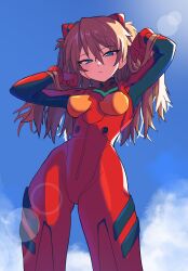 Rule 34 | 1girl, :/, absurdres, arms up, blue hair, blue sky, bodysuit, cloud, curvy, from below, hair between eyes, hands in hair, hands in own hair, highres, interface headset, lens flare, looking at viewer, narrowed eyes, neon genesis evangelion, orange hair, outdoors, pilot suit, plugsuit, red bodysuit, shiny clothes, sky, slammo, solo, souryuu asuka langley, standing, thick thighs, thighs, wide hips