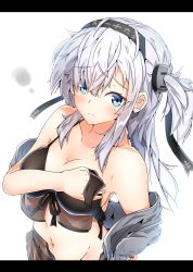 Rule 34 | 1girl, absurdres, bikini, black bikini, black headband, blue eyes, blush, breasts, cleavage, clothes writing, collarbone, covering one eye, embarrassed, grey jacket, hair ornament, halkawa501, headband, highres, jacket, kantai collection, letterboxed, long hair, looking at viewer, medium breasts, navel, one side up, sarong, sidelocks, silver hair, simple background, solo, suzutsuki (kancolle), swimsuit, torn clothes, upper body, white background
