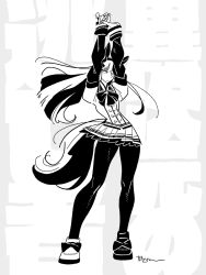 Rule 34 | 1girl, animal ears, arms up, text background, callan (callancoe), closed mouth, commentary, ear covers, english commentary, full body, greyscale, hairband, highres, horse ears, horse girl, horse tail, long hair, long sleeves, monochrome, one eye closed, pleated skirt, shoes, signature, silence suzuka (umamusume), skirt, solo, standing, tail, umamusume, very long hair