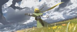Rule 34 | 1girl, absurdres, arm up, asteroid ill, backpack, bag, bird, blonde hair, brown pants, capelet, cloud, cloudy sky, day, dutch angle, female focus, floating island, flock, flower, grass, green capelet, green skirt, grey sky, highres, horizon, iris (asteroid ill), knee pads, long hair, long sleeves, looking at viewer, neon trim, no nose, open mouth, orange flower, original, outdoors, outstretched arm, pants, ponytail, red eyes, scenery, shirt, sidelocks, skirt, sky, solo, standing, swept bangs, textless version, very long hair, white flower, white shirt, wide shot, wind, yellow flower