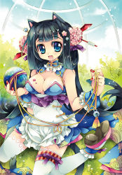Rule 34 | 1girl, :d, animal ears, bad id, bad pixiv id, ball, black hair, blue eyes, bow, breasts, cleavage, female focus, fingernails, flower, full body, hair flower, hair ornament, hairpin, happy, kneeling, leaf, long hair, medium breasts, nature, open mouth, original, plant, ribbon, sana.c, shoes, sitting, sky, smile, solo, thighhighs, wariza, white thighhighs, wrist cuffs