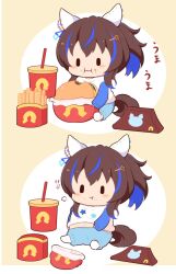 Rule 34 | 1girl, :i, :t, animal ears, big belly, blue hair, blue shorts, blush, brown background, brown hair, burger, chibi, closed mouth, cup, daitaku helios (umamusume), disposable cup, drinking straw, eating, food, food on face, french fries, gomashio (goma feet), hair ornament, hairclip, highres, holding, holding burger, holding food, horse ears, horse girl, horse tail, long sleeves, mini person, minigirl, multicolored hair, pantyhose, pantyhose under shorts, print shirt, raglan sleeves, shirt, shorts, side ponytail, star (symbol), star hair ornament, star print, streaked hair, tail, two-tone background, umamusume, wavy mouth, white background, white pantyhose, white shirt, | |