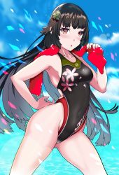 Rule 34 | 1girl, aiuti, black hair, black one-piece swimsuit, blue sky, blush, breasts, cloud, collarbone, commentary request, competition swimsuit, covered navel, cowboy shot, day, girls&#039; frontline, highleg, highleg swimsuit, highres, lens flare, long hair, looking at viewer, one-piece swimsuit, outdoors, red eyes, red towel, sky, small breasts, solo, standing, swimsuit, thighs, type 100 (girls&#039; frontline)