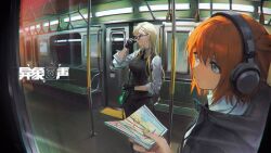 Rule 34 | 2girls, black vest, blonde hair, blue eyes, character request, echoes of vision, formal, glasses, green eyes, hand grip, headphones, holding, holding map, jacket, long hair, map, multiple girls, necktie, official art, red hair, seat, short hair, subway, subway station, suit, third-party source, train interior, vest