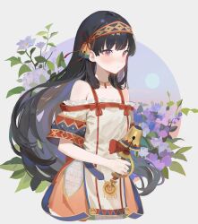 Rule 34 | 1girl, atelier (series), atelier shallie, bell, black hair, blush, closed mouth, dress, flower, gigi wins, hairband, highres, holding, holding bell, jewelry, long hair, looking at viewer, necklace, purple eyes, shallistera (atelier), solo, very long hair