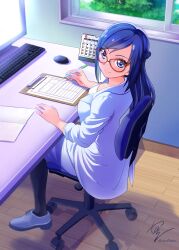 Rule 34 | 1girl, absurdres, aged up, blue eyes, blue hair, breasts, calendar (object), chair, clipboard, coat, computer, dated, day, desk, doctor, dokidoki! precure, glasses, highres, hishikawa rikka, holding, holding pen, indoors, keyboard (computer), lab coat, long hair, looking at viewer, medium breasts, monitor, mouse (computer), office, office chair, on chair, paper, pen, precure, signature, sitting, skirt, smile, swivel chair, tirofinire, tree, twitter username, white coat, window, wooden floor, writing