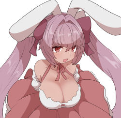 Rule 34 | 1girl, animal ears, bare shoulders, blush, breasts, choker, cleavage, di gi charat, dice, dice hair ornament, from above, hair ornament, large breasts, long hair, open mouth, pink hair, rabbit ears, red eyes, red skirt, simple background, skirt, smile, solo, sumiyao (amam), twintails, upper body, usada hikaru, white background