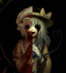 Rule 34 | 2girls, ascot, blonde hair, blood, blood on face, blood on hands, bloody tears, bow, creepy, darkness, empty eyes, fangs, female focus, fingernails, flandre scarlet, frilled sleeves, frills, hat, hat bow, hat ribbon, heart, heart of string, horror (theme), interlocked fingers, komeiji koishi, long fingernails, long sleeves, looking at viewer, multiple girls, nail polish, open mouth, own hands clasped, own hands together, puffy sleeves, red eyes, ribbon, sharp fingernails, sharp teeth, shirt, short sleeves, silver hair, simple background, smile, spark621, teeth, third eye, touhou, upper body, wide sleeves, wings
