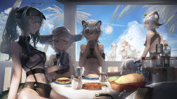 Rule 34 | +++, 6+girls, absurdres, animal ear fluff, animal ears, antenna hair, arknights, bare arms, bare shoulders, bikini, black bikini, black headwear, blue sky, breasts, brown eyes, bucket, character request, cliffheart (arknights), closed mouth, cloud, cup, day, drinking glass, food, food request, gavial (arknights), green hair, grey eyes, grey hair, grey headwear, hair between eyes, hat, highres, holding, horns, long hair, medium breasts, multiple girls, navel, outdoors, palm tree, pitcher (container), plate, pointy ears, ponytail, pramanix (arknights), red eyes, saigakobaru, short hair, sidelocks, sky, straw hat, swept bangs, swimsuit, tree, underboob, visor cap, white bikini