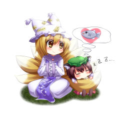 Rule 34 | 2girls, :&gt;, animal ears, blonde hair, brown eyes, brown hair, cat ears, cat girl, cat tail, chen, chibi, closed eyes, dreaming, drooling, female focus, fish, fox ears, fox tail, hands in opposite sleeves, hat, multiple girls, multiple tails, ryosios, short hair, simple background, sitting, sleeping, smile, tail, thought bubble, touhou, yakumo ran, yukkuri shiteitte ne, zzz
