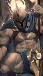 Rule 34 | 1boy, abs, artist request, bara, bare pectorals, bulge, cape, feet out of frame, fire, helmet, highres, holding, holding polearm, holding weapon, large pectorals, league of legends, male focus, muscular, muscular male, nipples, paid reward available, pantheon (league of legends), pectorals, planted, polearm, sitting, solo, sweat, testicle peek, thick thighs, thighs, weapon