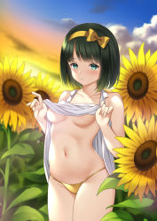 Rule 34 | 1girl, areola slip, bare arms, bare shoulders, blush, bow, breasts, clothes lift, cloud, collarbone, cowboy shot, dress, dress lift, flower, gradient sky, green eyes, green hair, hair bow, hairband, highres, leaf, lifting own clothes, looking at viewer, navel, no bra, original, outdoors, panties, parted lips, ren san, short hair, sky, sleeveless, sleeveless dress, small breasts, solo, standing, stomach, sundress, sunflower, sunlight, sunset, underboob, underwear, white dress, yellow bow, yellow flower, yellow hairband, yellow panties