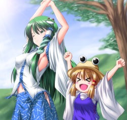 Rule 34 | &gt; &lt;, 2girls, armpits, arms up, blonde hair, blush stickers, breasts, detached sleeves, closed eyes, fang, female focus, frog, green eyes, green hair, hair ornament, hat, highres, kochiya sanae, long hair, moriya suwako, multiple girls, navel, nori tamago, open mouth, outstretched arms, short hair, sideboob, snake, stretching, touhou, wince