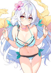 Rule 34 | 1girl, ahoge, bare shoulders, bikini, blue bikini, breasts, cleavage, cu-no, flower, front-tie bikini top, front-tie top, hair flower, hair ornament, halterneck, hibiscus, hisen kaede, jacket, jewelry, large breasts, long hair, looking at viewer, low twintails, nail polish, navel, necklace, orange eyes, side-tie bikini bottom, simple background, solo, stomach, string bikini, swimsuit, thighs, twintails, unworn jacket, very long hair, white background, white hair