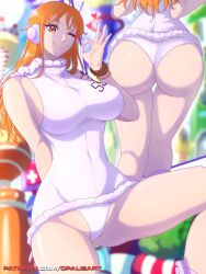 Rule 34 | 1girl, absurdres, ass, bare arms, bare shoulders, belt bag, blurry, blurry background, blush stickers, boots, breasts, commentary, full body, hands up, headphones, highres, hooded leotard, knee boots, large breasts, leotard, long hair, looking at viewer, multiple views, nami (one piece), nami (one piece) (egghead), official alternate costume, ok sign, one eye closed, one piece, opalis, open mouth, orange eyes, orange hair, science fiction, shiny skin, single sidelock, sitting, smile, spread legs, thighs, wavy hair, white leotard, wide hips