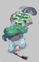 Rule 34 | 1girl, chamaruk, exoskeleton, full body, green eyes, green hair, green nails, grey background, hair ornament, hashitsuki nata, highres, holding, holding weapon, kisume, long sleeves, looking at viewer, lying, medium hair, monster girl, nail polish, nata (tool), on stomach, open mouth, reaching, reaching towards viewer, ribs, shirt, simple background, skeleton, solo, tail, touhou, twintails, weapon, white shirt, wide sleeves