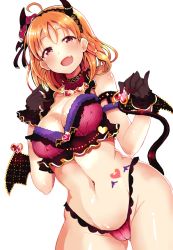 Rule 34 | 1girl, :d, ahoge, armband, bare shoulders, bat ornament, bikini, bikini top only, black horns, blush, bodypaint, bra, braid, breasts, cameltoe, cleavage, covered erect nipples, cowboy shot, crop top, curvy, demon girl, demon horns, demon tail, demon wings, detached collar, fang, flower, frilled bra, frilled gloves, frilled panties, frills, fur trim, gloves, gluteal fold, groin, hair flower, hair ornament, hairband, heart, heart-shaped ornament, heart hair ornament, highleg, highleg panties, highres, hip bones, holding own tail, holding tail, horn ornament, horns, jewelry, kuzu kow, lace, lace hairband, looking at viewer, love live!, love live! school idol festival, love live! sunshine!!, markings, medium breasts, midriff, narrow waist, navel, no pants, open mouth, orange hair, panties, puffy nipples, raised eyebrows, red eyes, shiny skin, short hair, side braid, simple background, skin fang, smile, solo, stomach, swimsuit, tail, takami chika, thong, underwear, w arms, white background, wide hips, wings