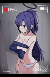 Rule 34 | 1girl, battery indicator, blue archive, blue eyes, blue shirt, breasts, closed mouth, halo, highres, kuroneko (kuroneko3zizi), letterboxed, long hair, medium breasts, panties, ponytail, purple hair, recording, shirt, solo, star sticker, sticker on face, topless, underwear, underwear only, undressing, very long hair, white panties, yuuka (blue archive), yuuka (track) (blue archive)