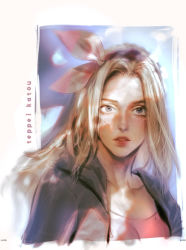 Rule 34 | 1girl, artist name, bandana, billy kane, blonde hair, blue eyes, close-up, genderswap, genderswap (mtf), highres, katou teppei, lips, long hair, looking at viewer, portrait, pretty billy kane, simple background, solo, the king of fighters, the king of fighters all-stars