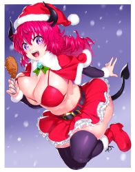 Rule 34 | 1girl, alma (onsoku inu), belt, bikini, bikini top only, black horns, black thighhighs, boots, breasts, capelet, cleavage, demon girl, demon tail, food, full body, hand up, hat, highres, holding, holding food, horns, large breasts, long hair, looking at viewer, navel, onsoku inu, open mouth, original, purple eyes, red bikini, red footwear, red hair, red skirt, santa hat, skirt, smile, solo, swimsuit, tail, thighhighs
