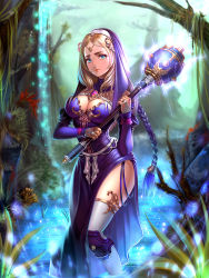 Rule 34 | 1girl, bare tree, blonde hair, blue eyes, braid, breasts, bridal gauntlets, brooch, cleavage, copyright request, detached collar, gem, holding, holding mace, holding weapon, jewelry, long hair, medium breasts, outdoors, standing, thighhighs, tree, very long hair, wading, water, weapon, white thighhighs, xoxocia